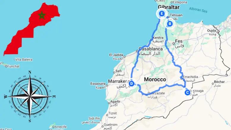 Map of 4 Days Tangier to Marrakech Desert Tour