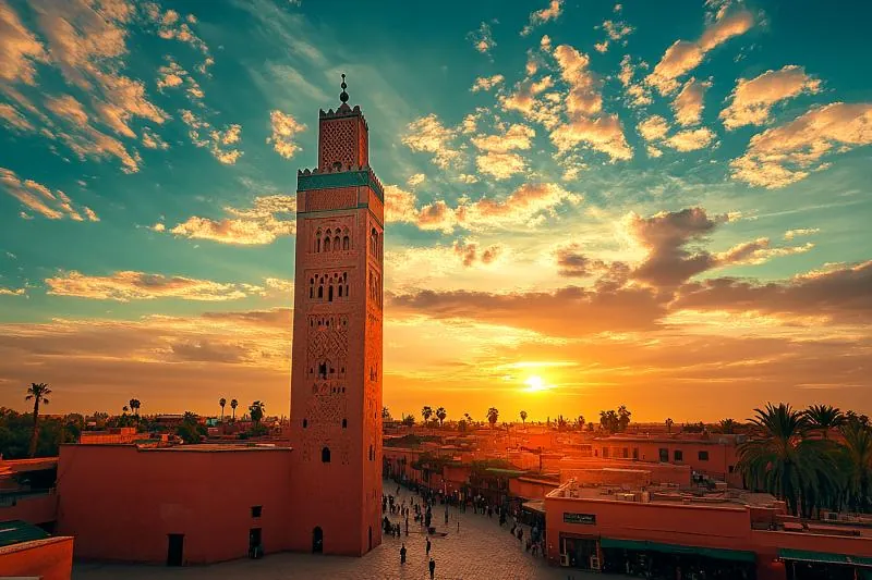 Koutoubia minaret against a sunset sky in Marrakech