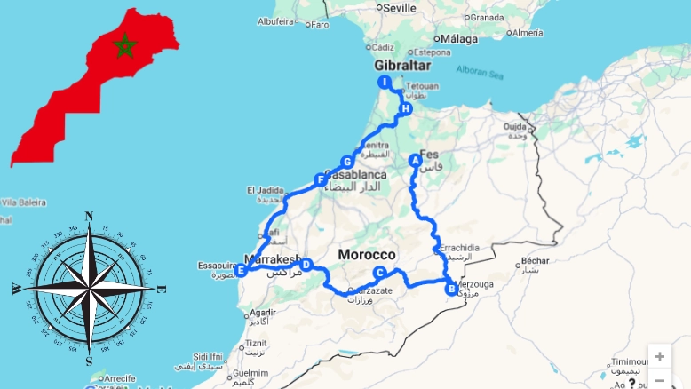 Map of 10 Days Tour From Fes To Marrakech and Tangier