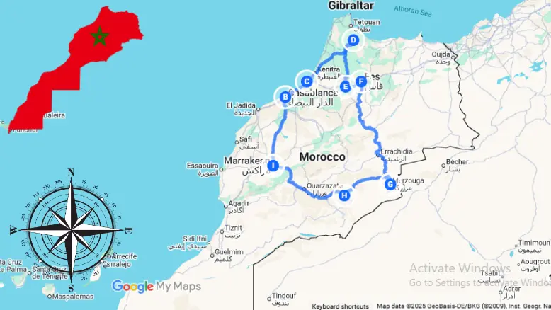 Map of 11 Days Morocco Tour from Marrakech: Imperial Cities & Sahara Desert Adventure