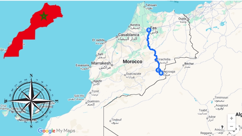3 DAYS FES TO SAHARA DESERT TOUR MAP