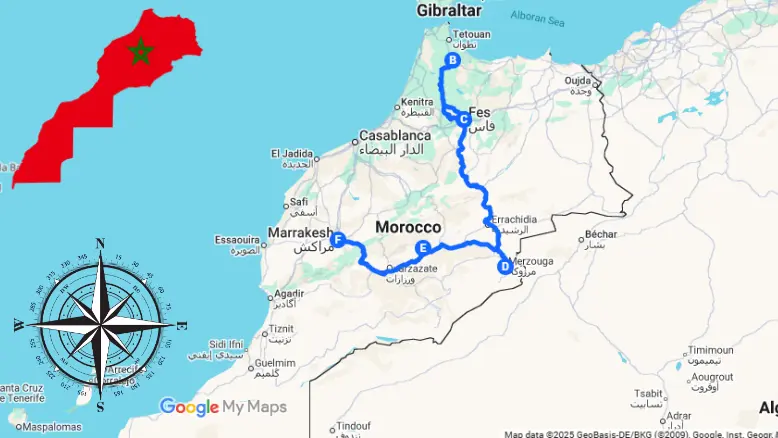 map of 8 Days Morocco Desert Tour from Fes