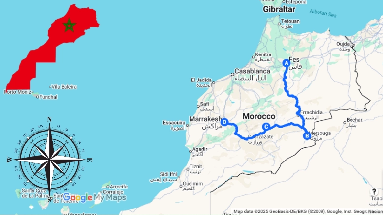 Map of 3 Days Fes To Marrakech Desert Tour