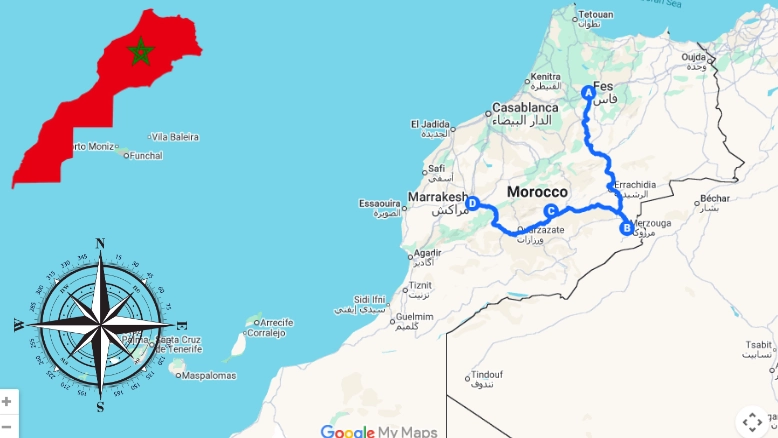 Map of 4 Days Tour from Fes to Marrakech