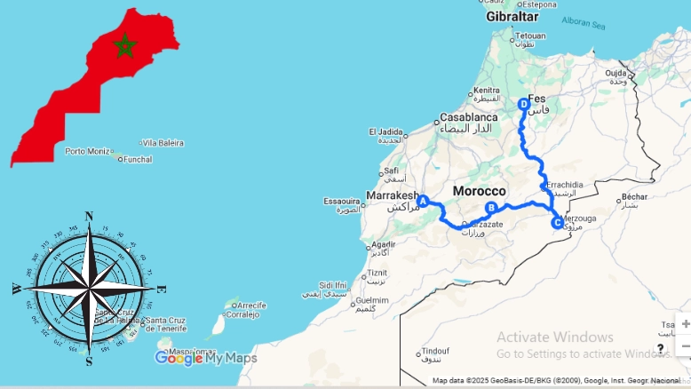 this is the map of 4 Days Tour From Marrakech To Fes and Desert. To start, you will first reveal Morocco's captivating landscapes and rich culture