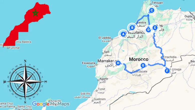 8-day Morocco itinerary map from Casablanca to Marrakech